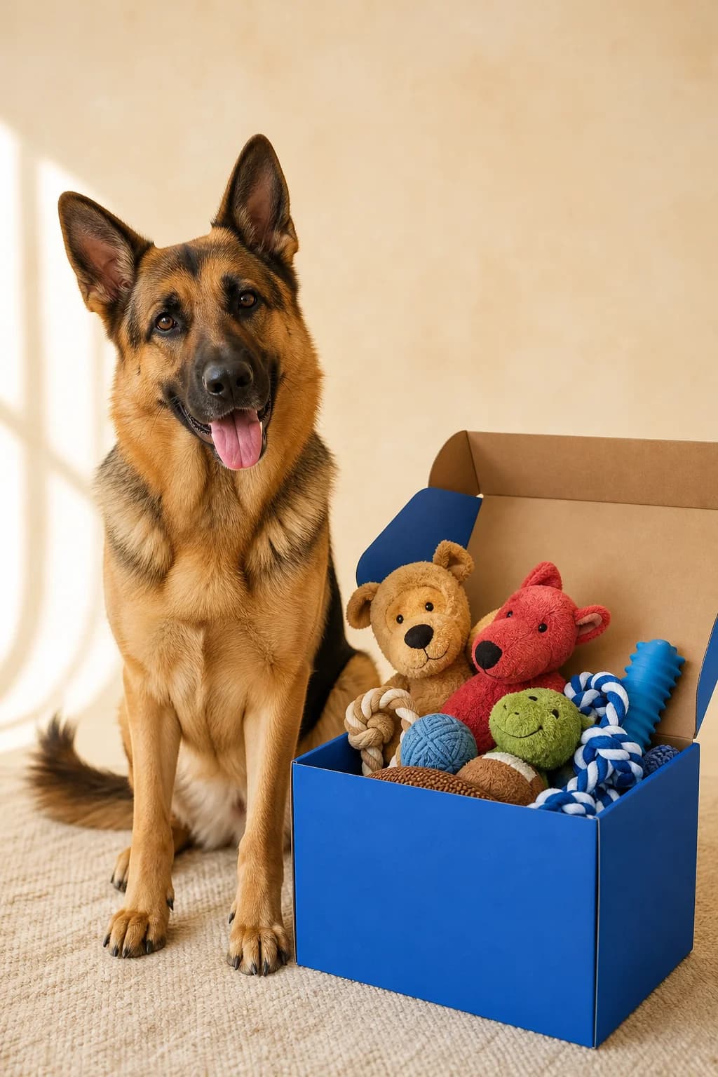 A happy German Shepherd sitting next to an open blue box full of dog toys